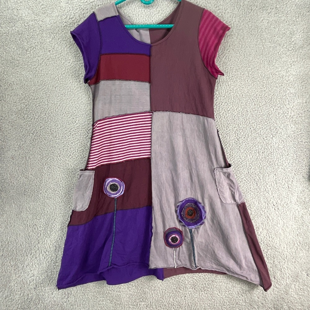 Unbranded Patchwork Tunic Dress Womens M Purple Boho Lagenlook Flower Appliqueβ